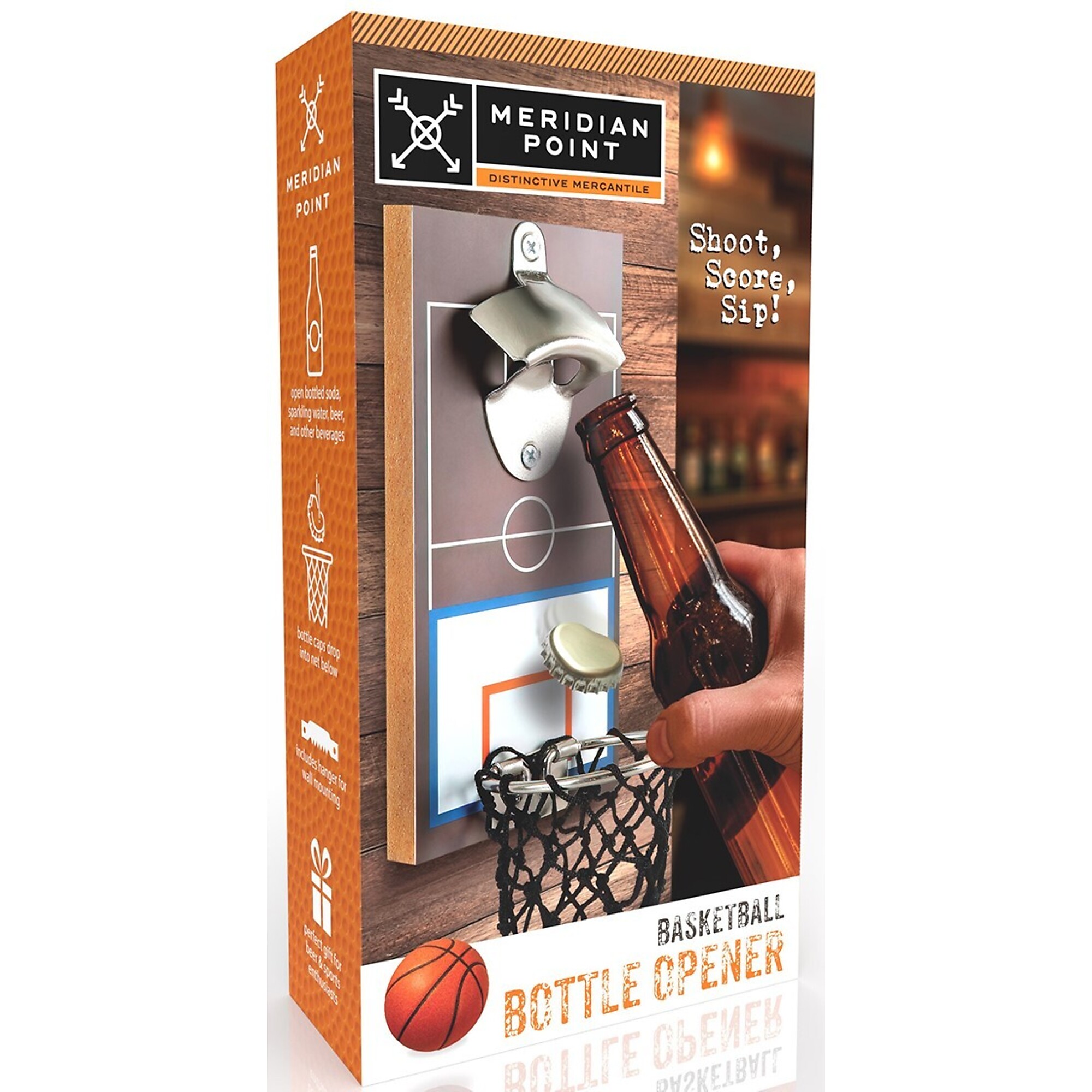 Meridian Point Basketball Bottle Opener – Wall-Mount Hoop Cap Catcher, Fun Sports Bar Accessory & Gift for Beer Lovers, Model #BBO-12-5097